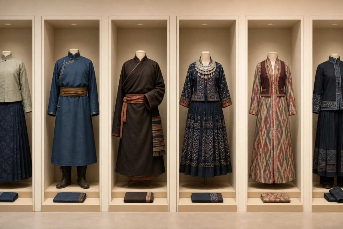 AI editorial illustration|China’s 56 ethnic dress hub: setting and clothing layers