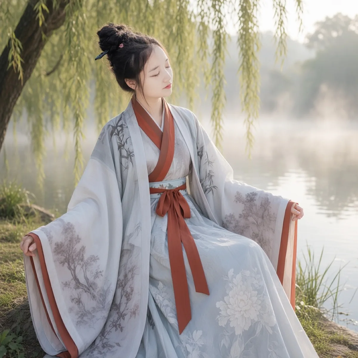Frost-Blue Ink-Wash Cross-Collar Wei-Jin Hanfu Set