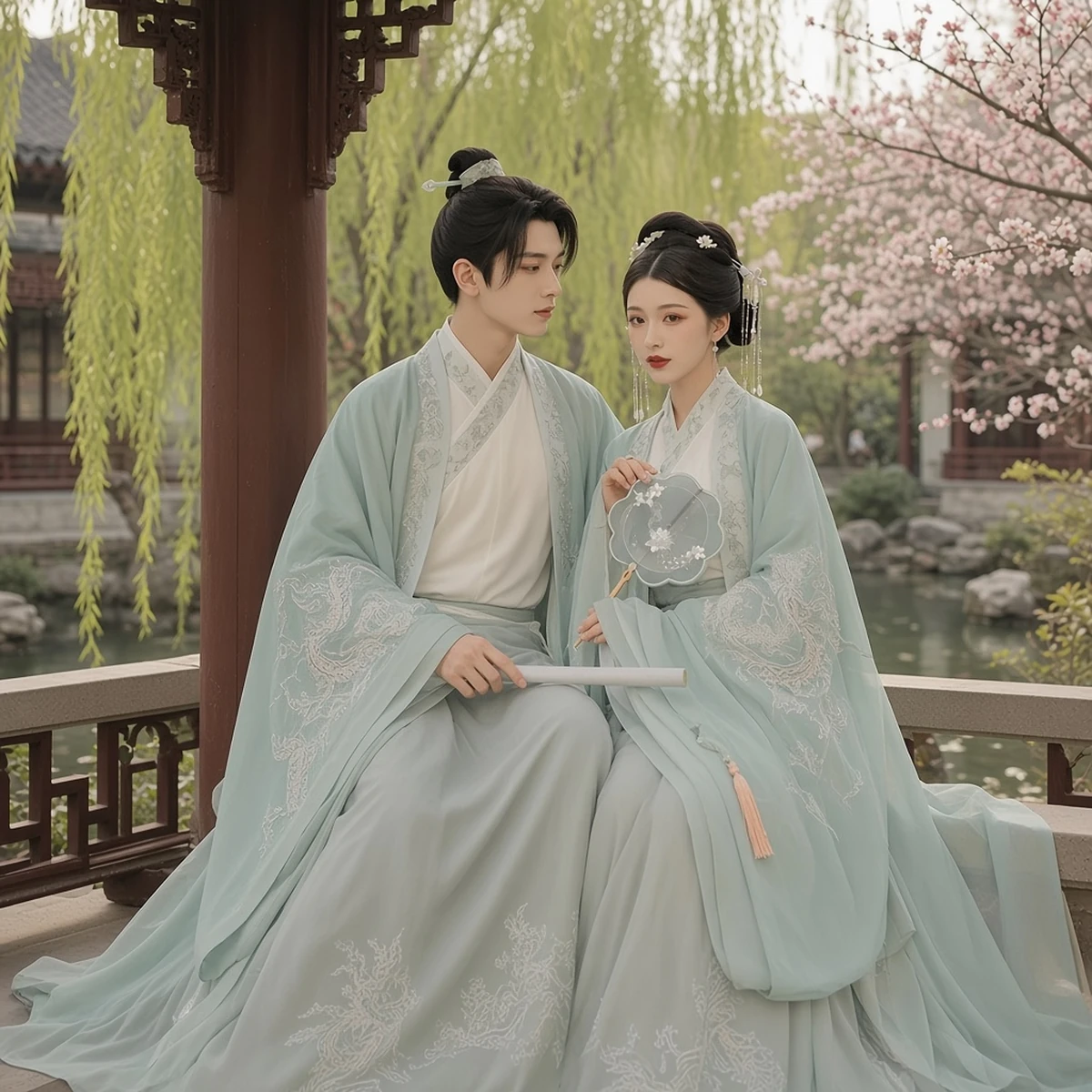 [Yu Long Yun] Pale Sage Green Heavy Dragon Embroidery Cross-Collar Couple Hanfu