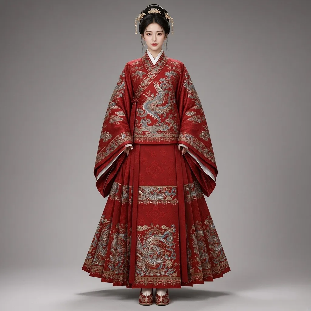 绒凤 crimson cross-collar wide sleeves with the pleated panel skirt