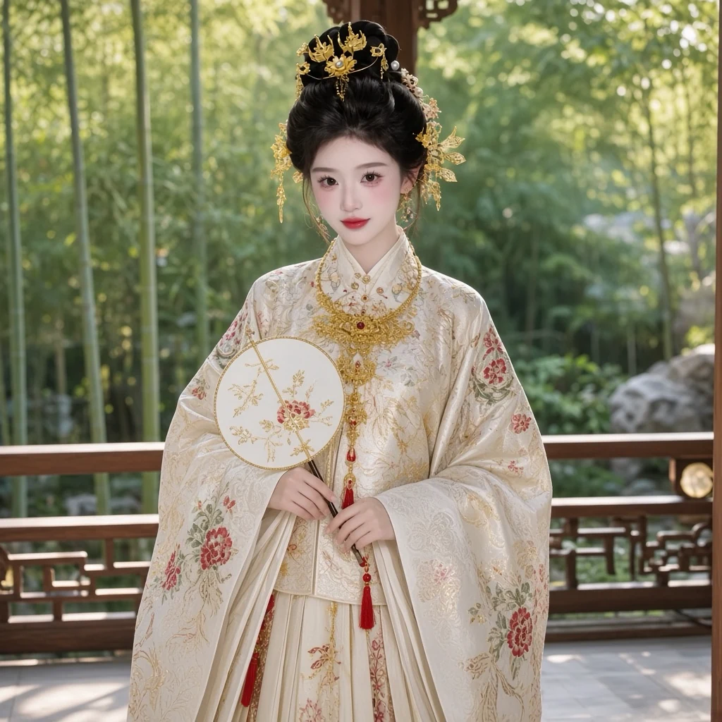 Huachaoji [Da Ming Gui Nu] Hanfu estilo Ming jaqueta ao gola redonda dui-jin zhuanghua tecido a ouro e saia mamian