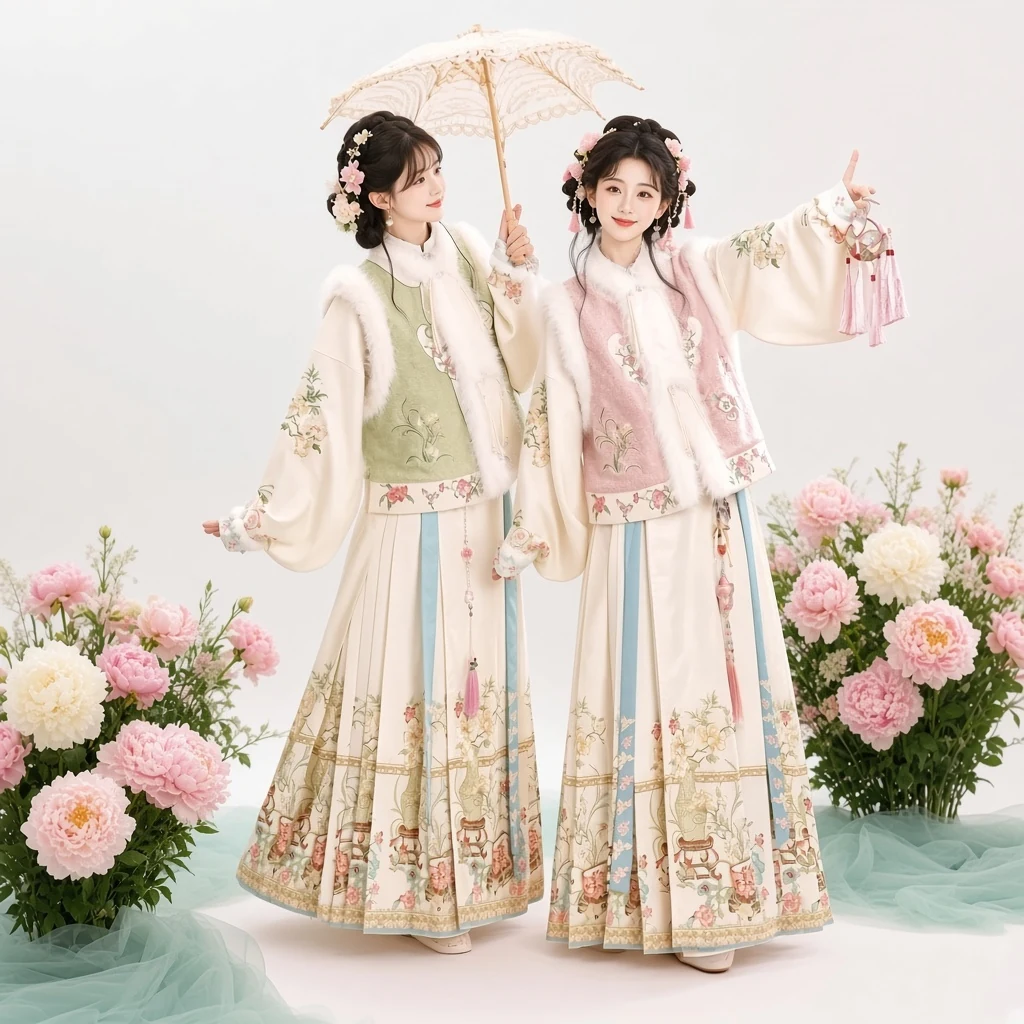 Huachaoji [Ying Ci] Hanfu original estilo Ming ao gola alta manga pipa dui-jin com bijia forrada e saia mamian conjunto
