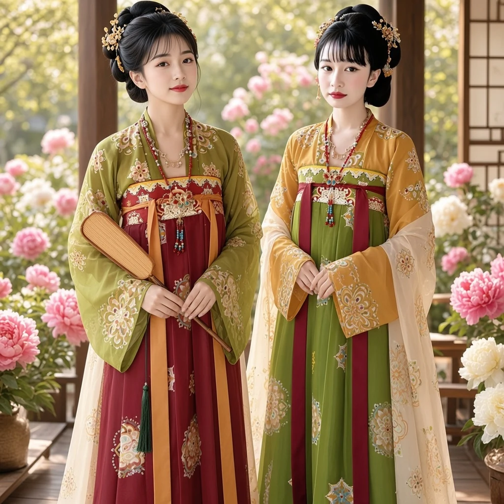 Huachaoji [Xian Mei Fu] Hanfu orisinal gaya Tang poqun dada tinggi bordir cetak set