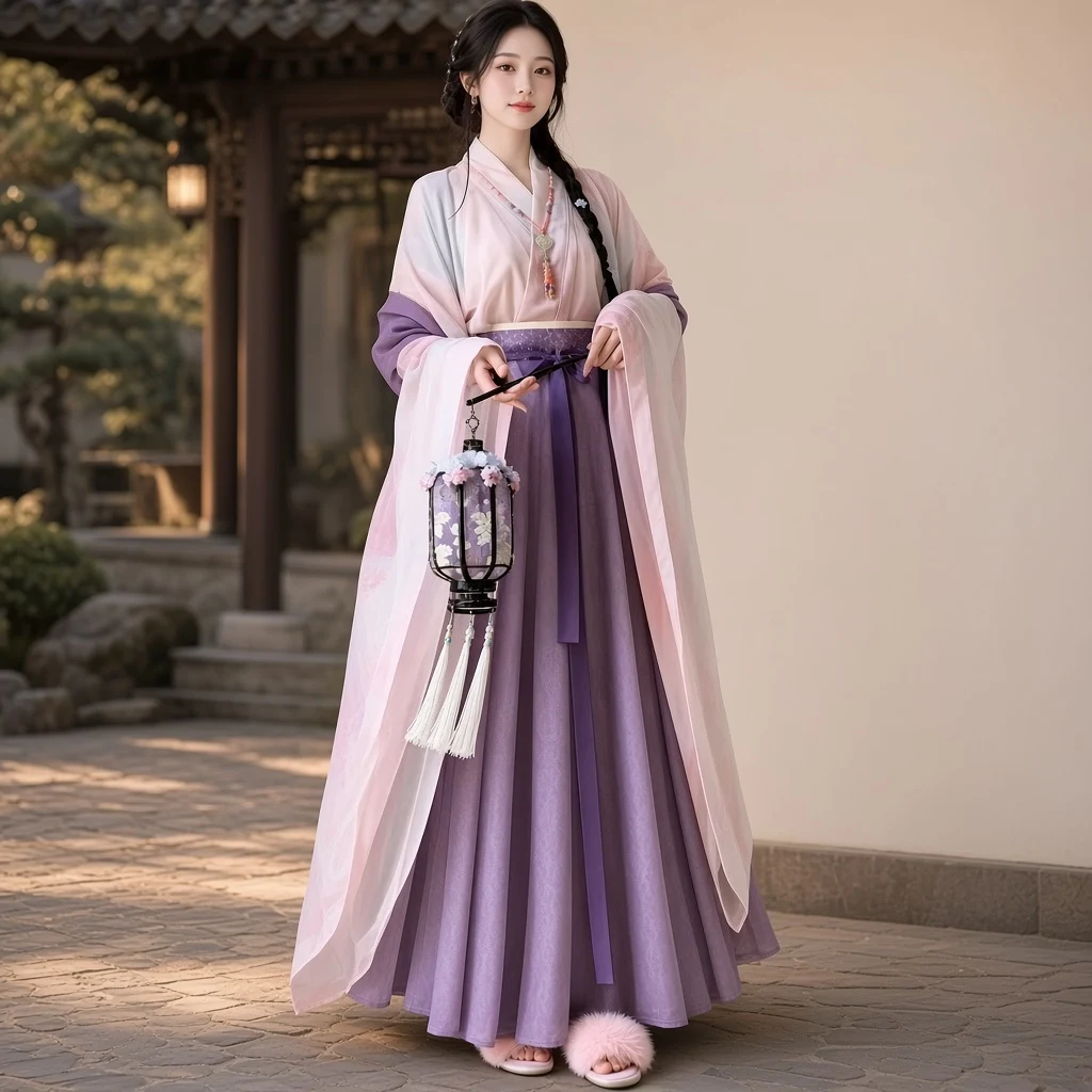 Huachaoji [Li Ren Ge] Hanfu gaya Wei-Jin kemeja lengan lebar berikat pinggang cetak set