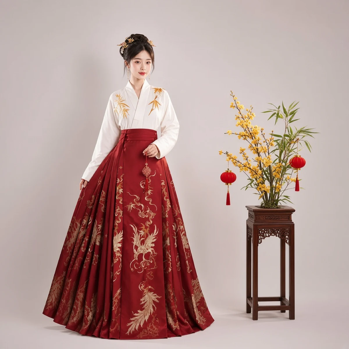 Huazhaoji [feng ming zai zhu] estilo Ming saia mamian bordado conjunto