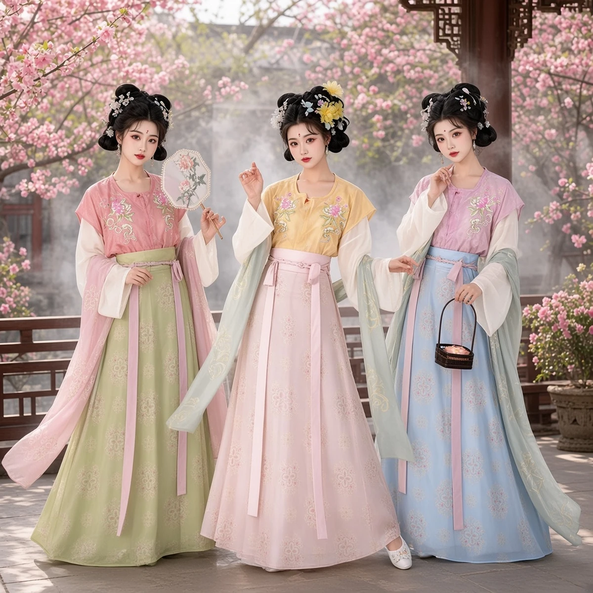 Huazhaoji [shao hua] Tang-style waist-high panelled skirt embroidered Hanfu set