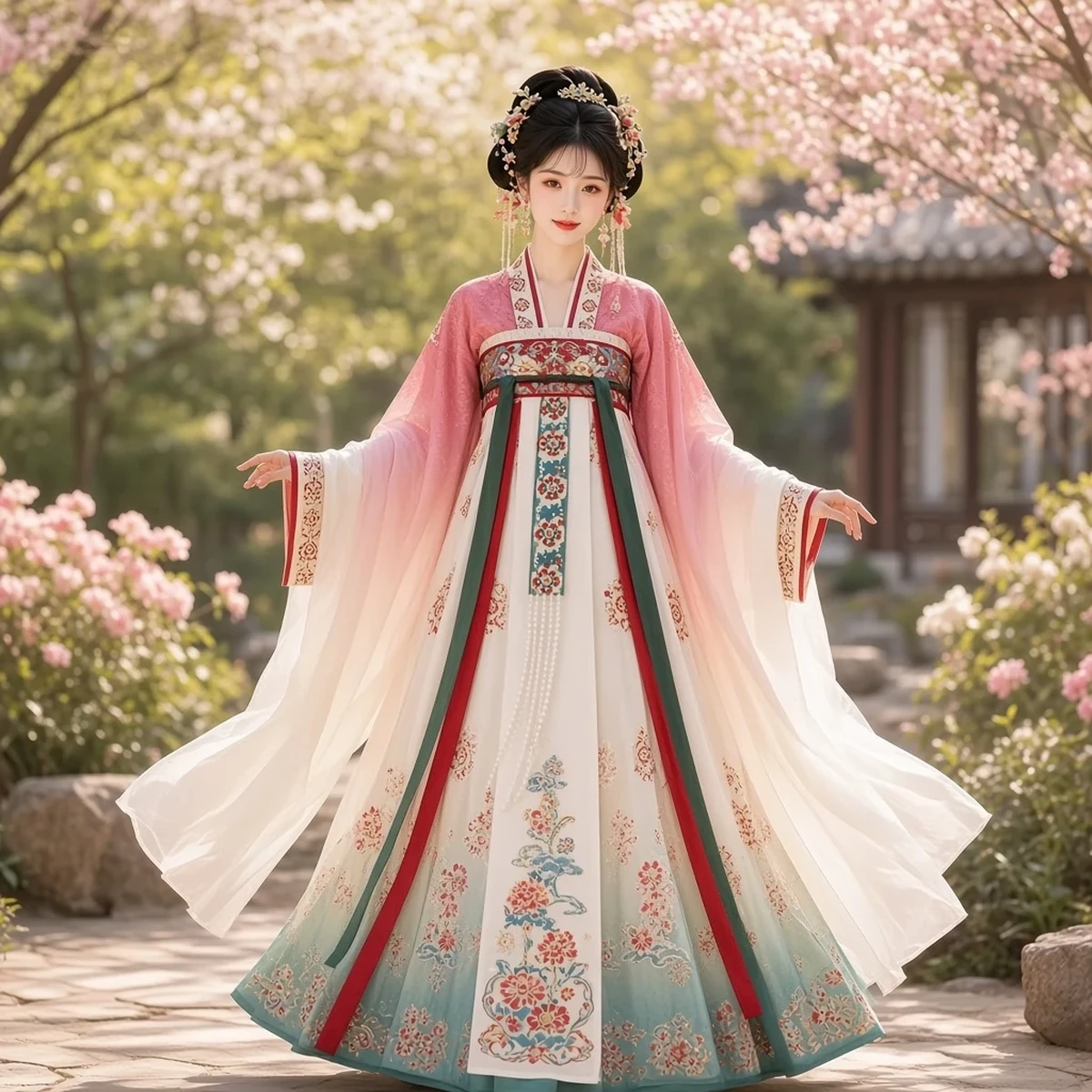 Huazhaoji [chun ran] estilo Tang falda de ocho paneles abierta al frente bordado de pecho alto conjunto