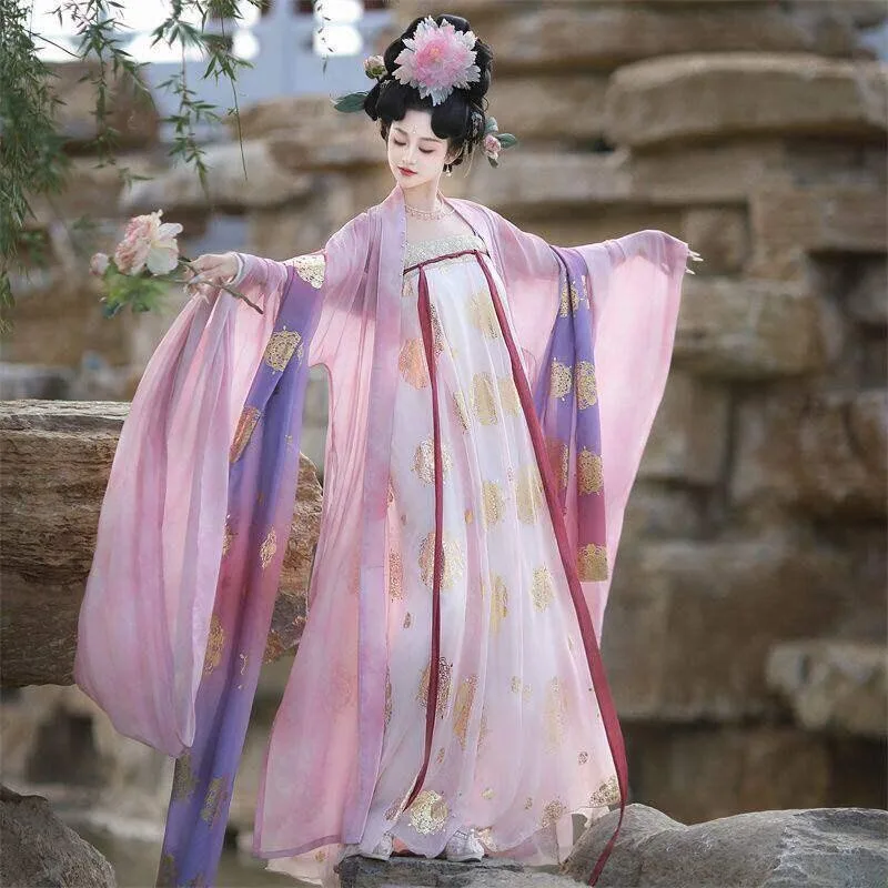 Manches larges en dégradé rose-violet et jupe qixiong rose pâle, avec de longs liens sur la poitrine