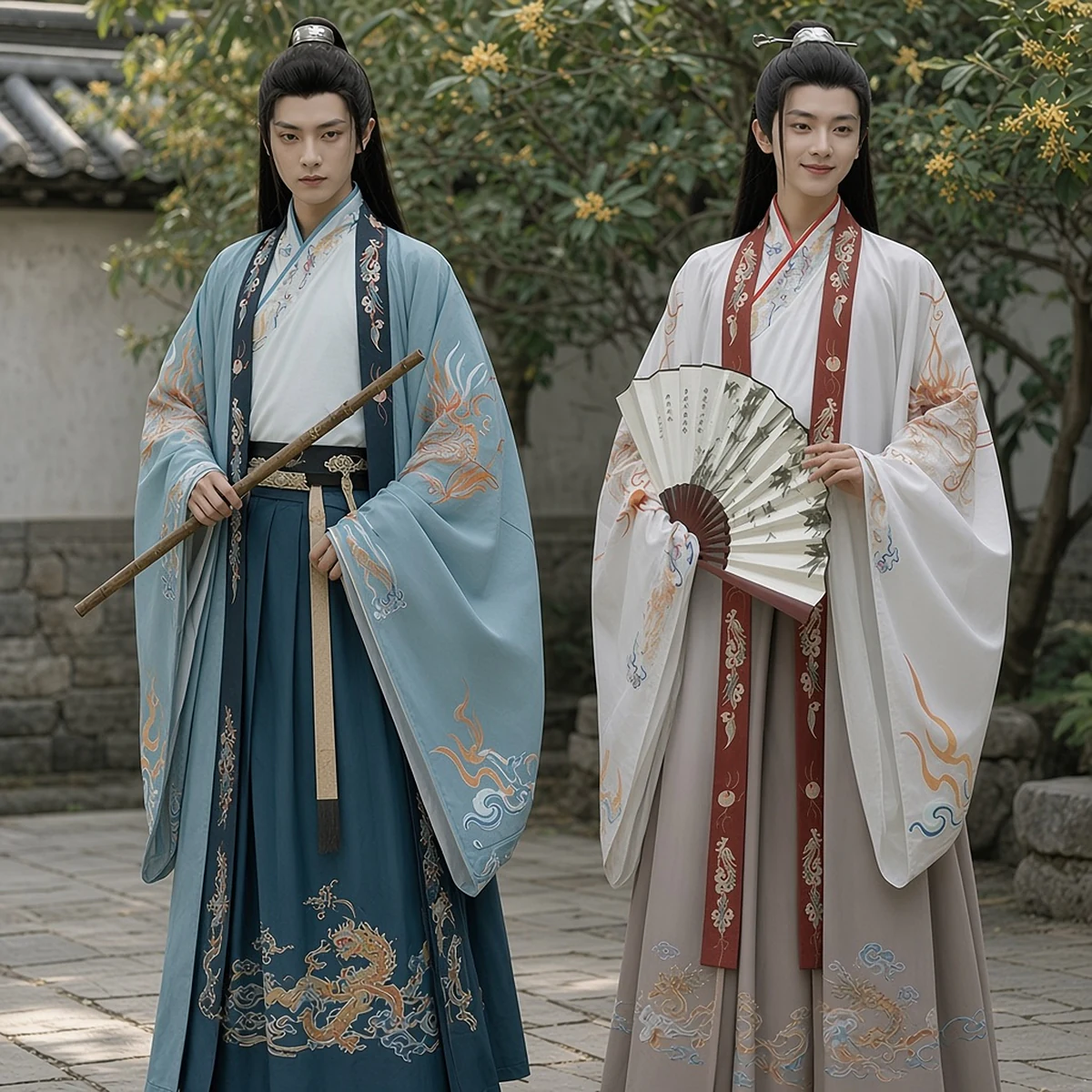Ivory-and-Slate Wei-Jin Dragon-Embroidered Cross-Collar Wide-Sleeve Hanfu