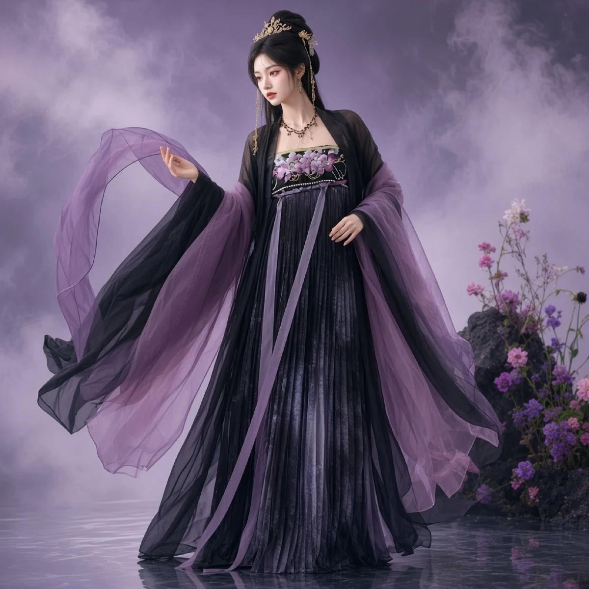 Baru [Hei Shan Cha] Hanfu wanita musim semi-gugur rok hezi sulaman kamelia lengan lebar gaya upacara/runway